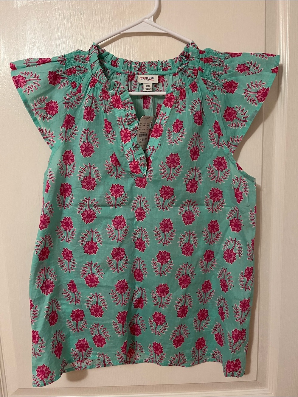 J. Crew Mint Green Floral Cap Sleeve Blouse